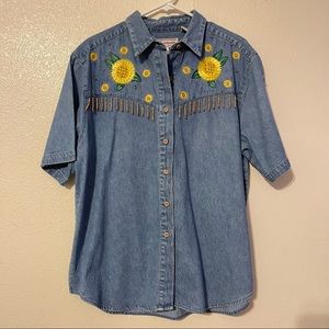 Vintage Y2K Westbound button down sunflower beaded short sleeve blouse